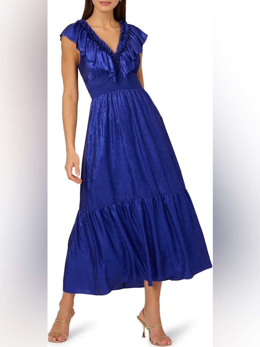 Adrianna Papell Eve Metallic Ruffled V-Neck Midi  Dress in Royal Blue